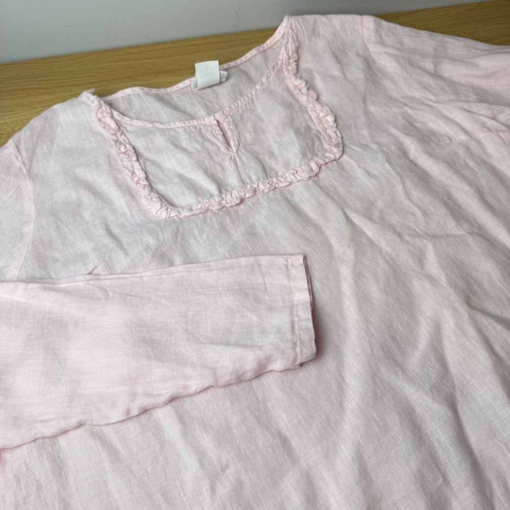 Womens Pink Linen Ruffle Raw Hem Blouse Large Lagenlook Boho Minimalist USA Made